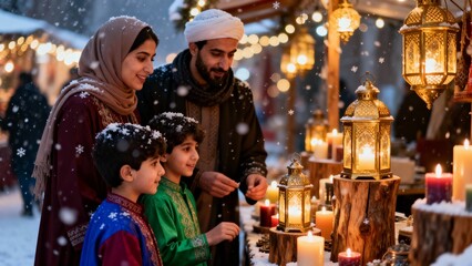 Naklejka premium Muslim family with parents and two children lighting lanterns and candles at outdoor winter market, warm festive mood with falling snow, Ramadan Eid celebration