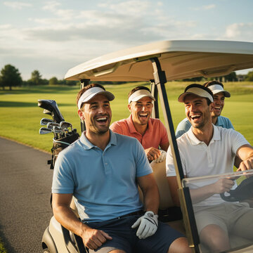 Group of happy male friends riding a golf cart on a green course during a weekend tournament or hobby practice