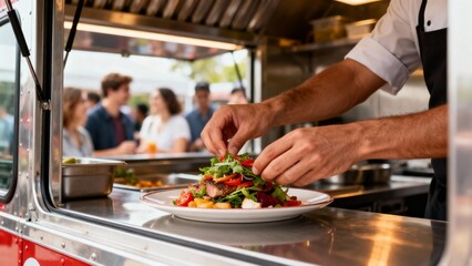 Chef plating fresh salad in food truck kitchen, hands arranging greens and tomatoes for street food service, warm summer festival mood and casual dining