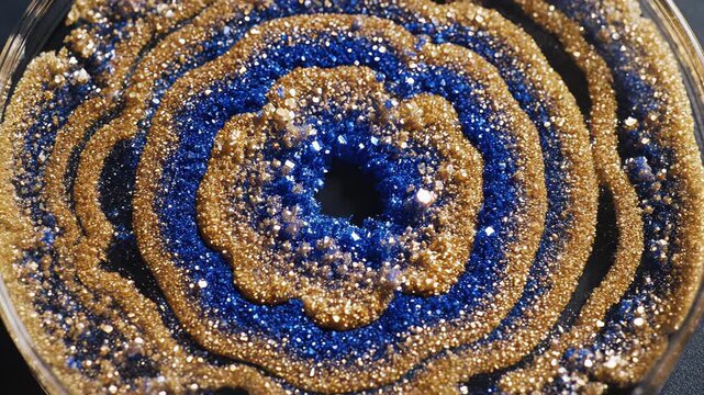 Abstract golden brown and deep blue organic textured pattern with glittering particles creating a floral shape on a dark circular plate with soft ambient lighting