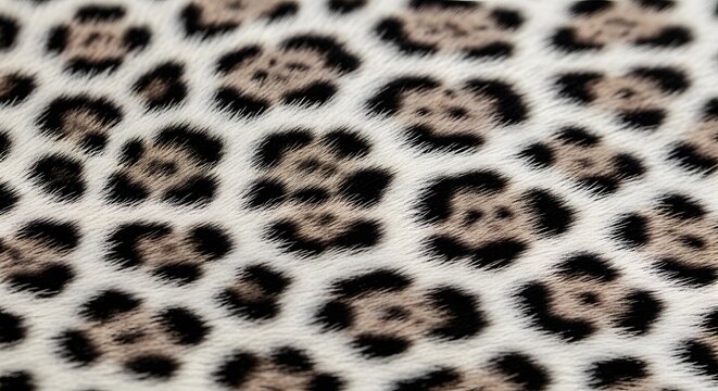 Snow leopard fur texture with grey and black rosettes. Soft wildlife skin detail for luxury winter fashion. Macro shot of feline hair showing natural camouflage and thick coat