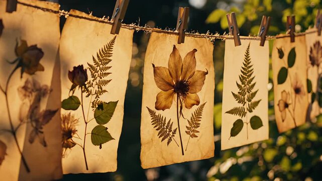 Artistic display of pressed flowers and ferns drying on a clothesline in soft golden sunlight with lush green foliage in the background creating a rustic natural aesthetic for botanical study or home