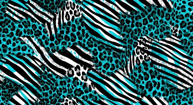 Mixed animal print collage with zebra stripes and leopard spots. Wild safari fashion and exotic patchwork design. Cyan blue and black predator fur patterns layered in a mosaic style