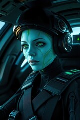 Futuristic Space Pilot Portrait With Metallic Skin And Harness