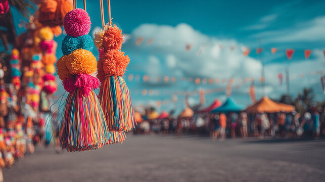 Pahiyas Festival, Colorful Handmade Tassels and Paper Decorations Hanging Along Street Creating Festive Mood at Pahiyas Festival Celebration in Philippines