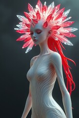 Gothic future monarch framed by crystal shards and shadowy bokeh