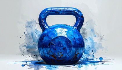 Vibrant Blue Kettlebell with Water Splashes for Fitness and Sports.