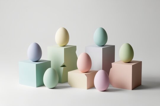 Pastel-colored eggs on geometric shapes against minimalist background