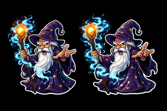 Wizard wizards fantasy magic characters, mystical sorcerer illustration with glowing blue and orange magical energy, enchanted spellcaster duo wearing purple robes and pointed hats, medieval fantasy a