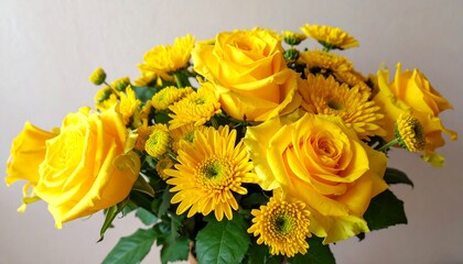 A Vibrant Bouquet of Yellow Roses and Chrysanthemums.