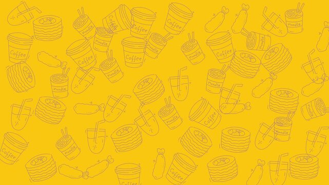 Food doodle sketches of coffee cups, noodle containers, sushi, tempura, and juice. Suitable for restaurant menus, food blogs, and packaging design.