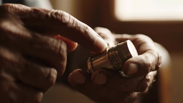 Senior person's hands holding vintage engraved metal container, a close up shot with textured details.