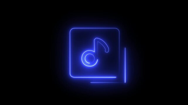 Glowing Neon Music notes and playlist folder icon animation representing, digital audio library and media file management black background .4k motion video animation .