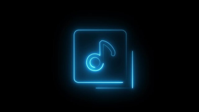 Glowing Neon Music notes and playlist folder icon animation representing, digital audio library and media file management black background .4k motion video animation .