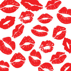 Red Lipstick Kiss Marks Seamless Pattern, Romantic Lips Print Vector for Cosmetic, Love, Fashion, Beauty, and Valentine Designs. Sexy Lips Illustration.