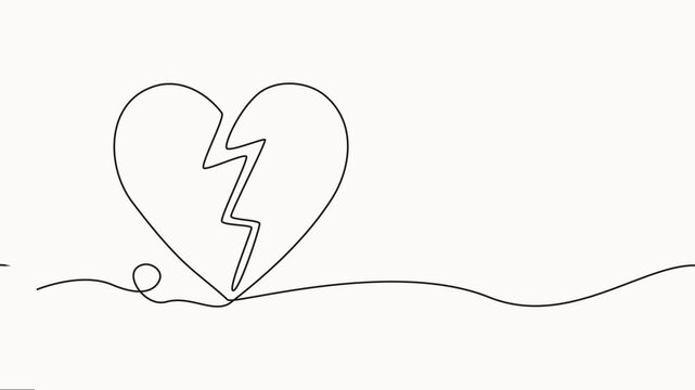 Continuous one line drawing broken heart, single line vector art animation video, no in love. animation vector. Broken heart concept with love, One line drawing of broken heart symbol.