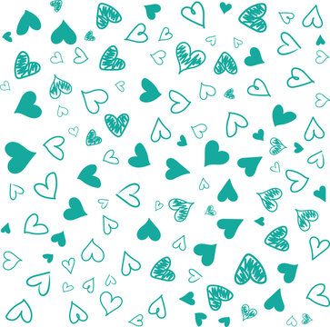Teal hand-drawn heart doodles scattered on white background for Romantic whimsical love pattern.