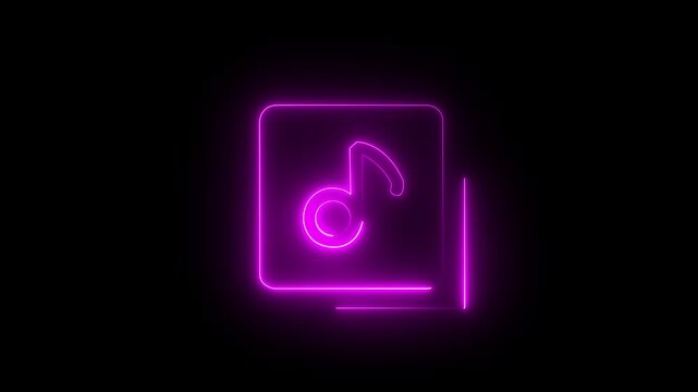 Glowing Neon Music notes and playlist folder icon animation representing, digital audio library and media file management black background .4k motion video animation .