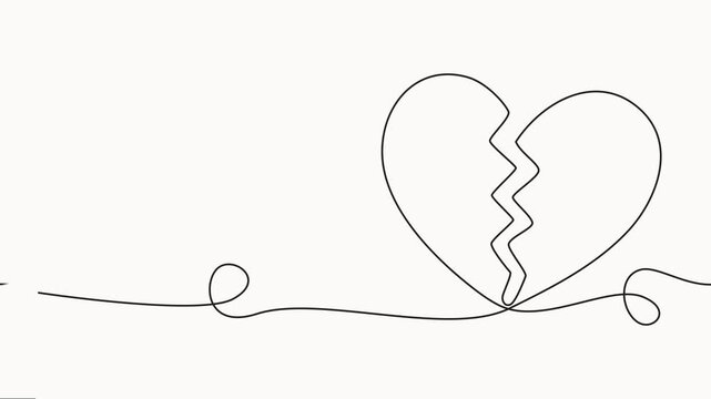Continuous one line drawing broken heart, single line vector art animation video, no in love. animation vector. Broken heart concept with love, One line drawing of broken heart symbol.