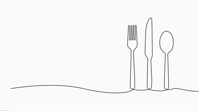 Full-length one-line animation, Restaurant concept, knife and spoons. Continuous single line cutlery pattern for logos, business cards, banners, Animation on white background.