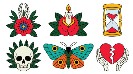 A traditional tattoo-style illustration set of six symbols arranged in two rows (3)_traced