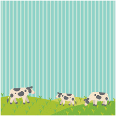 正方形のストライプの空と放牧された牛のイラスト背景