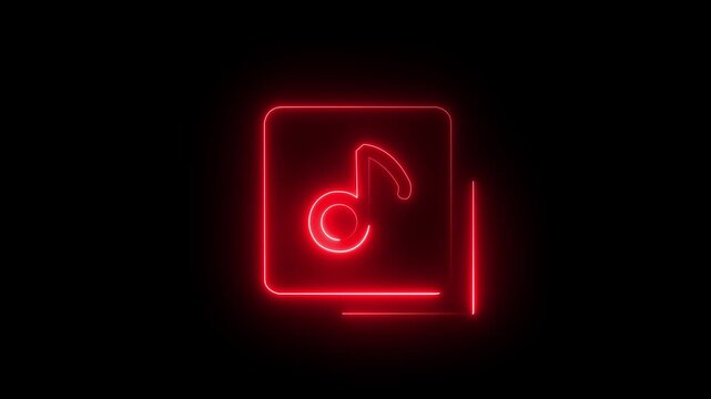 Glowing Neon Music notes and playlist folder icon animation representing, digital audio library and media file management black background .4k motion video animation .