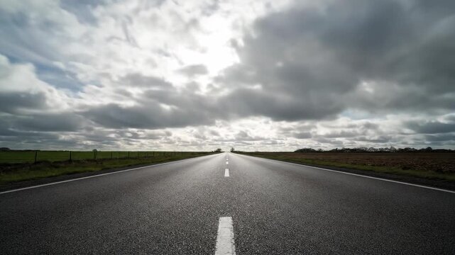 Dramatic Journey on an empty asphalt road stretching toward the horizon under dark, stormy clouds. Perfect for travel and cinematic sequences.