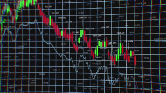 Analyzing Stock Market Trends: A Close-Up View of Real-Time Candlestick Charts and Graphs Illustrating Financial Data Fluctuations over Time. Old Monitor with Distortions