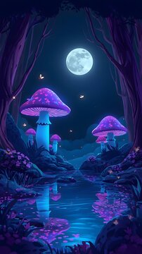 Magical Night Forest with Glowing Purple Mushrooms and Full Moon, 3D