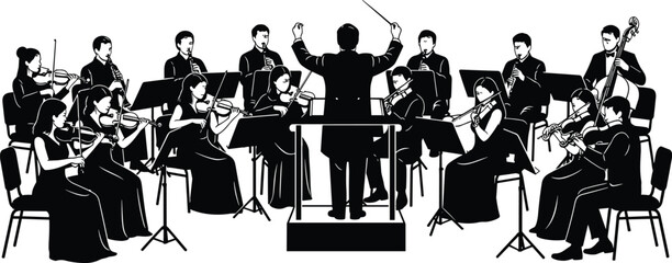 Silhouette of classical symphony orchestra with conductor and musicians performing on stage, black and white music illustration for concert, culture, performance and artistic design concepts © MstMaher