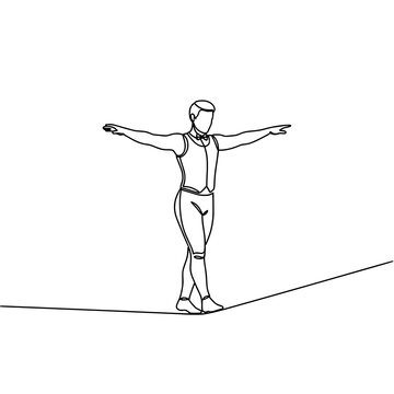Continuous one line circus tightrope walker vector illustration isolated on white background