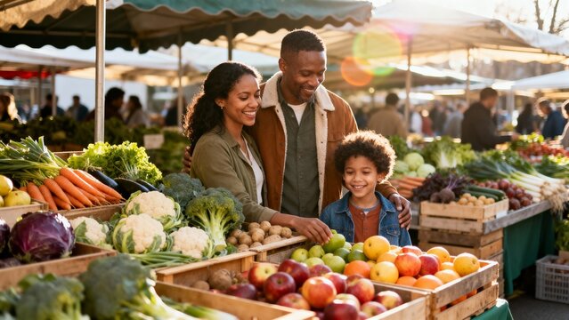 African American family shopping at outdoor farmers market, parents and young son choosing fresh apples and vegetables, warm morning light and healthy lifestyle vibe