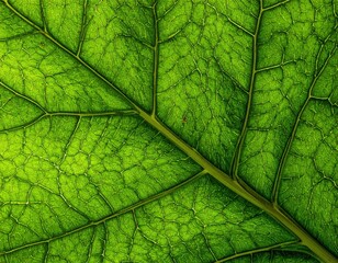 Close-Up of Vibrant Green Leaf Detailing Natural Patterns and Textures