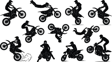 Silhouette collection of motocross riders performing extreme dirt bike stunts and jumps, freestyle motorcycle action poses isolated on white background, adrenaline sports concept illustration © Amit World