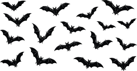 Fototapeta premium Collection of Flying Bat Silhouettes Featuring Spooky Nocturnal Vampire Bat Icons Isolated on White Background for Halloween Party Nature Wildlife Vector Design Elements Set