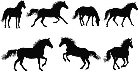 Fototapeta premium Collection of Horse Silhouettes Featuring Galloping Stallion and Wild Equine Mustang Icons Isolated on White Background for Equestrian Nature Wildlife Vector Design Elements Set
