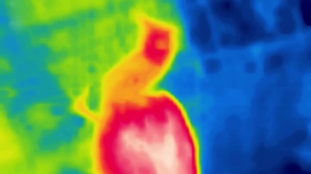Chicken waiting for food. The chicken is feeding in the yard. Image from thermal imager device. Vertical Video