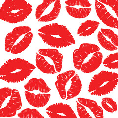 Red Lipstick Kiss Marks Seamless Pattern, Romantic Lips Print Vector for Cosmetic, Love, Fashion, Beauty, and Valentine Designs. Sexy Lips Illustration.