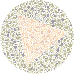 Color blind test plate with a hidden triangle shape in Ishihara style dots, concept of vision diagnostic and ophthalmology. © Nawassyarif .