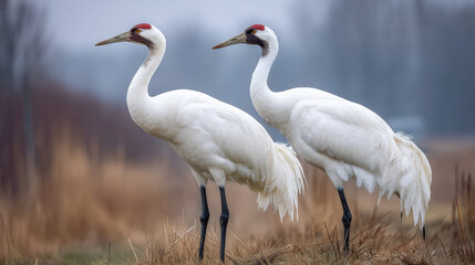 Obraz premium Whooping Crane Day, Pair of Whooping Cranes Standing Together in Natural Wetland Habitat Representing Partnership and Conservation Awareness on Whooping Crane Day