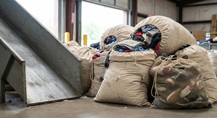Bags of used clothing and shoes at textile recycling facility