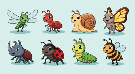 Obraz premium Cute Cartoon Insects and Bugs Collection Illustration.
