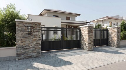 Elegant photo of Modern residential house exterior with decorative stone pillars and black metal driveway gate .Made Genarative AI
