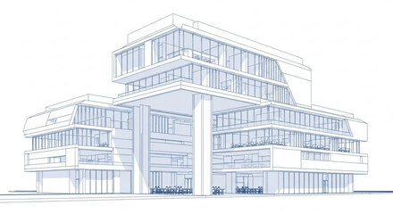 Fototapeta premium A detailed architectural blueprint of a modern multistory building with numerous windows and balconies
