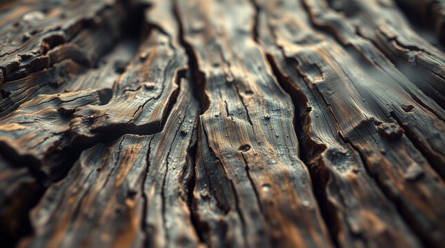 Macro shot of rugged weathered tree bark texture with deep cracks and bumpy surface with selective focus
