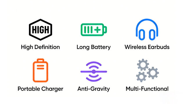 The combination of high-definition and multifunctional icons represents high-definition, long battery life, wireless earphones, and portable charging, suitable for smart device scenarios.
