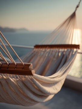 Close-up top-down slanted view of a chic beige hammock, natural wooden spreader bars on each end, the hammock made of light, flowing natural fabric with visible delicate texture