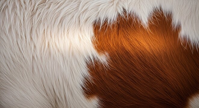 Brown and white cow hide fur macro texture. Natural horse hair and cattle skin detail. High resolution organic animal pelt for western ranching and rustic textile design