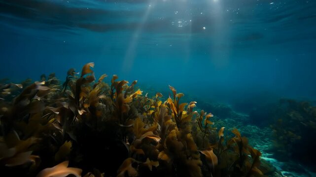 Sunlight piercing through clear blue ocean waters over seaweed beds